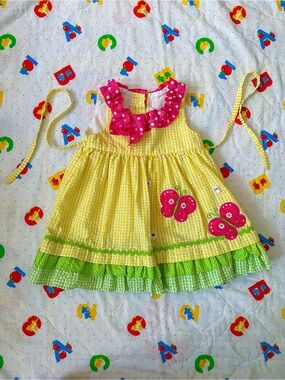 Rare Editions Yellow Gingham Dress with Hot Pink Polka-Dot Ruffle